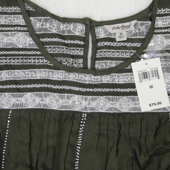 Lucky Brand Woven Beaded Boho Blouse Olive 3/4 Slv - Picture 4 of 8
